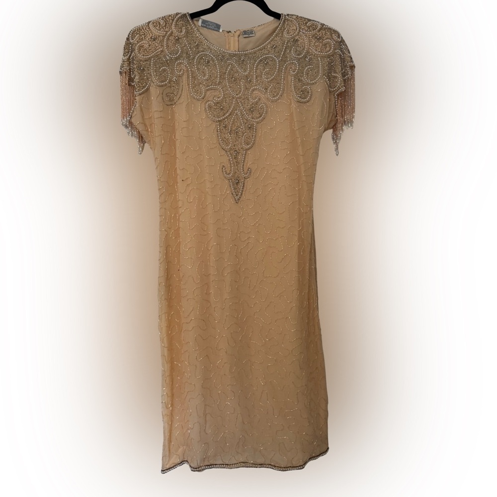 Lew Magram Peach Beaded Fringe Evening Dress, Medium